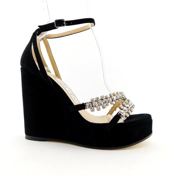 New JIMMY CHOO BING Black Suede Leather Crystal Strap Wedge Heel Sandals 37.5 - Picture 3 of 10
